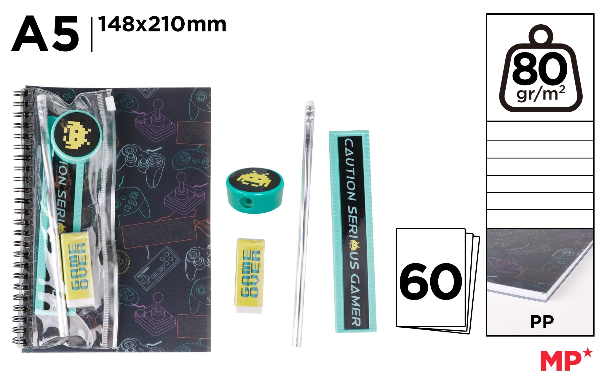 Set notes A5, 60 file, dictando, creion grafit, radiera, ascutitoa Set notes A5, 60 file, dictando, creion grafit, radiera, ascutitoa